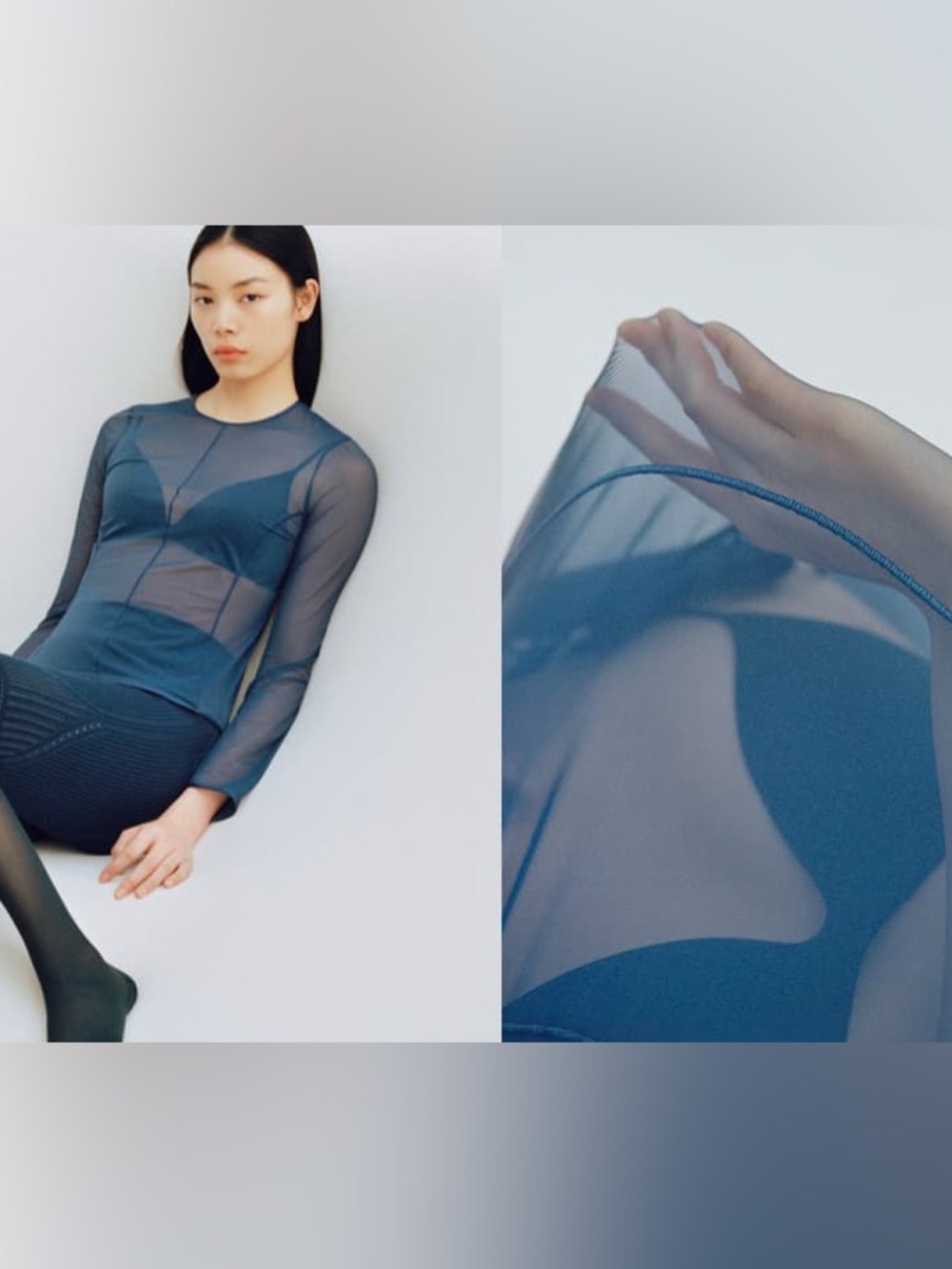 Mame Kurogouchi X Uniqlo Long Sleeve Sheer Mesh Blue Crewneck Top Medium NWOT - Picture 4 of 5